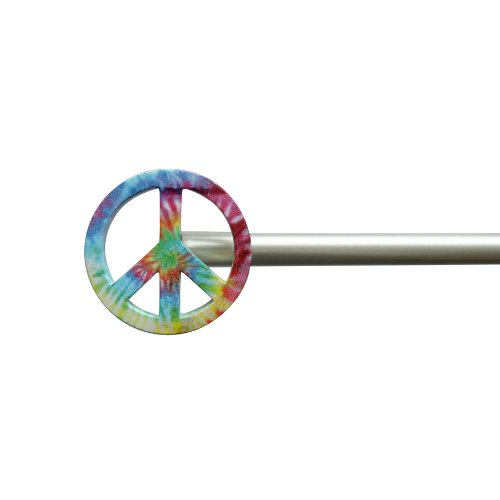 Silver curtain rod with a tie-dye rainbow peace sign finial