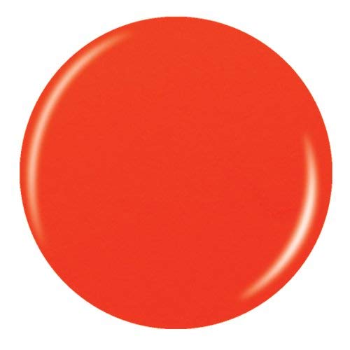 Glossy round swatch of vivid orange red polish