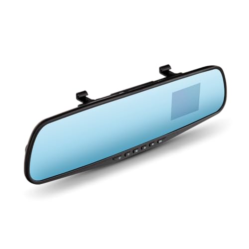 Blue-tinted rearview mirror dash cam with a built-in screen and buttons along the bottom