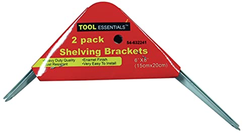 Two grey steel L-shaped shelf brackets in a red card, 6 by 8 inches