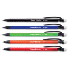 Five Paper Mate mechanical pencils in black, blue, green, orange and red barrels