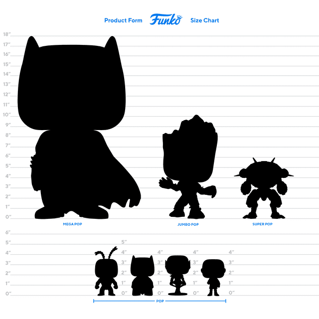 Size chart of vinyl figure formats with silhouettes from 4 to 18 inches