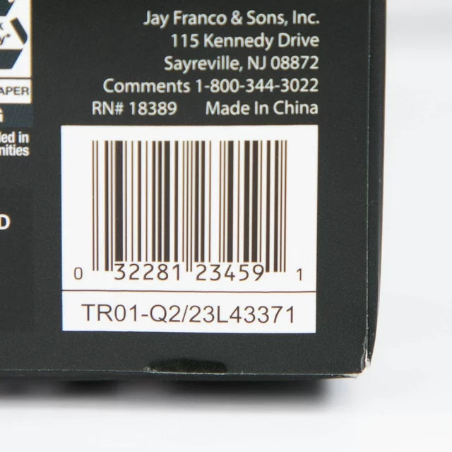 Close-up of the package barcode and maker's address label