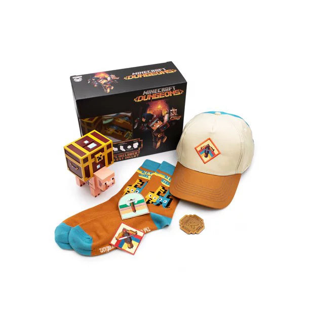 Minecraft Dungeons collector box contents laid out in front of the box