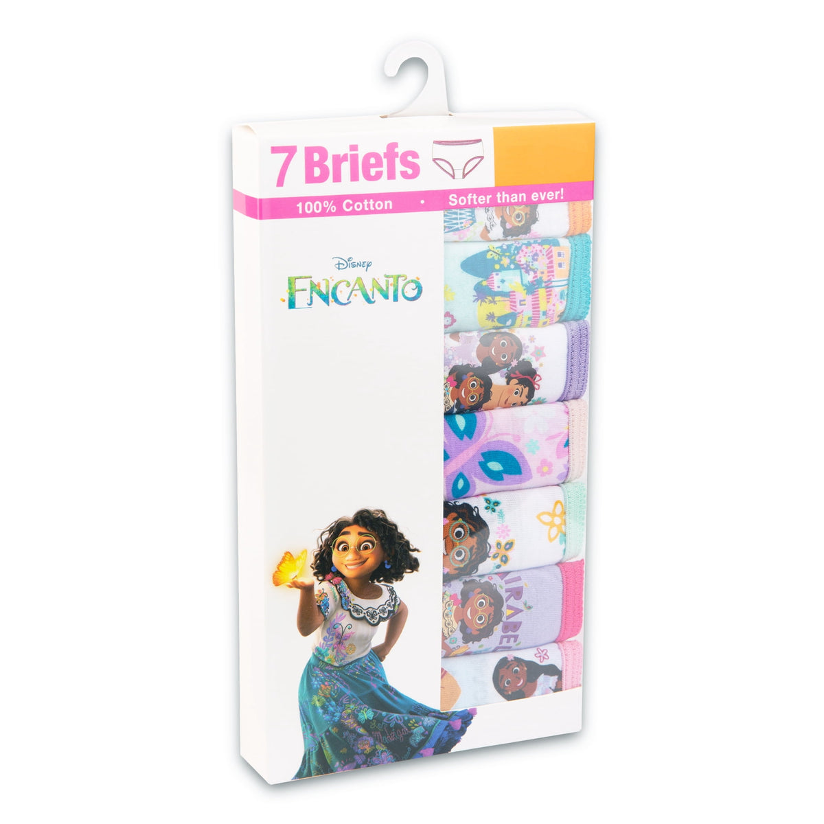 Boxed pack of 7 cotton briefs with a curly-haired cartoon girl and a glowing butterfly