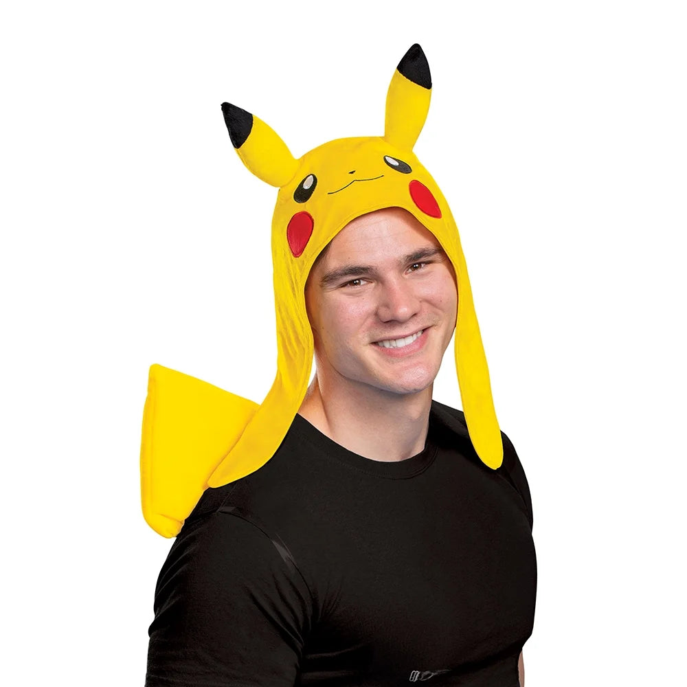 Smiling man wearing the yellow plush hood with long ear flaps