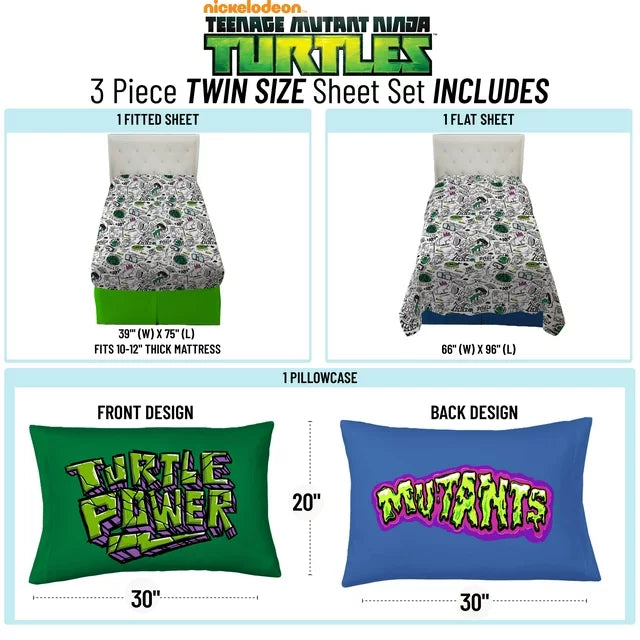 Chart of the set: fitted sheet, flat sheet and 20 by 30 inch pillowcase