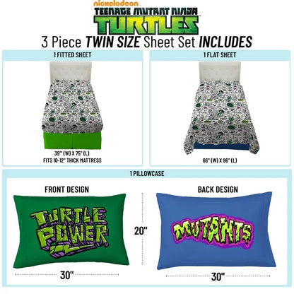 Teenage Mutant Ninja Turtles Kids 3-Piece Twin Sheet Set, Microfiber, White, Nickelodeon