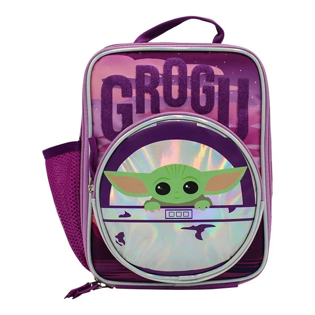 Front of the purple Grogu lunch bag with holographic round zip pocket