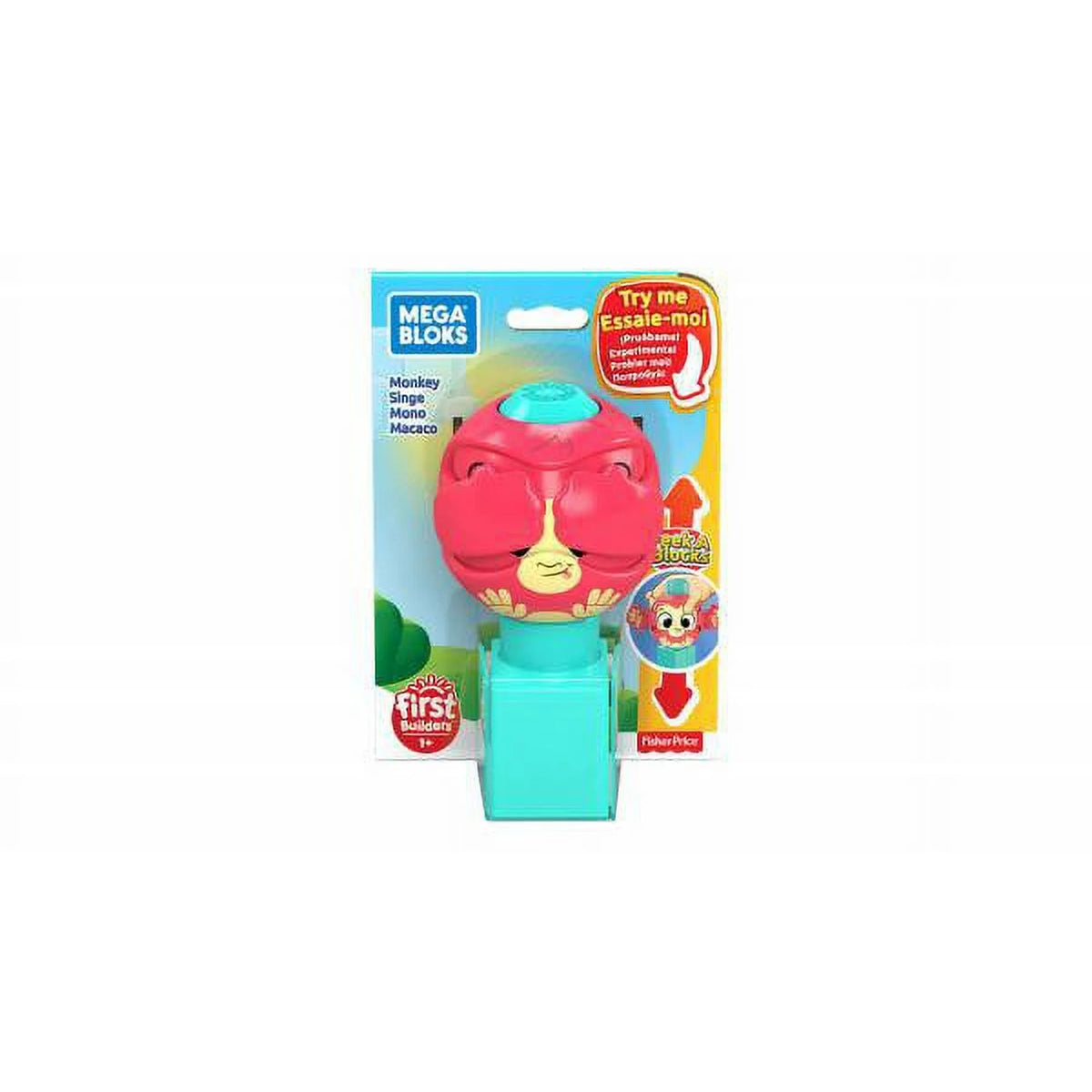 Carded pink monkey peek-a-block toddler toy with hands over its eyes on a teal block