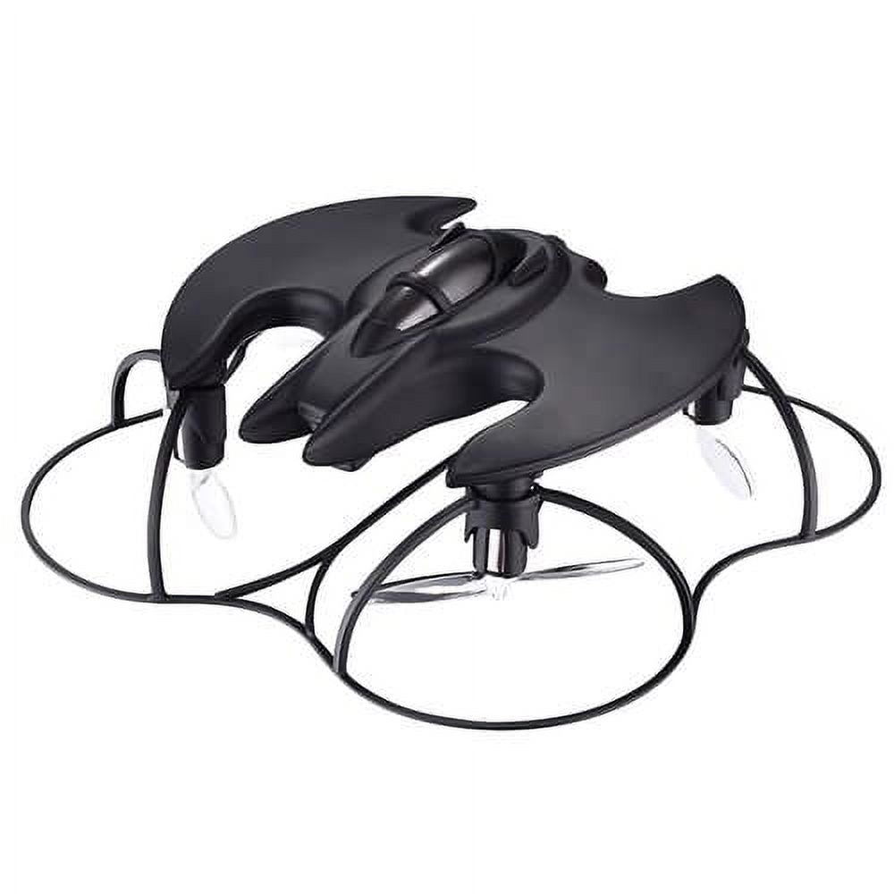 Black bat-wing mini drone inside its black wire propeller guard