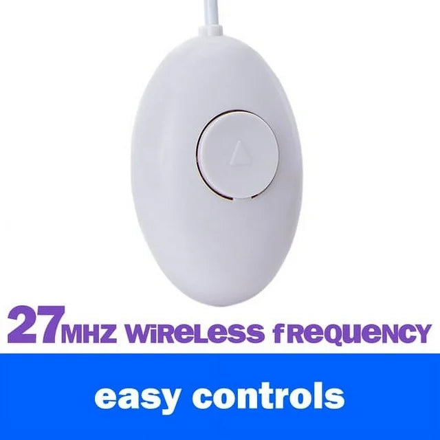 White oval 27 MHz remote with one triangle button and an antenna