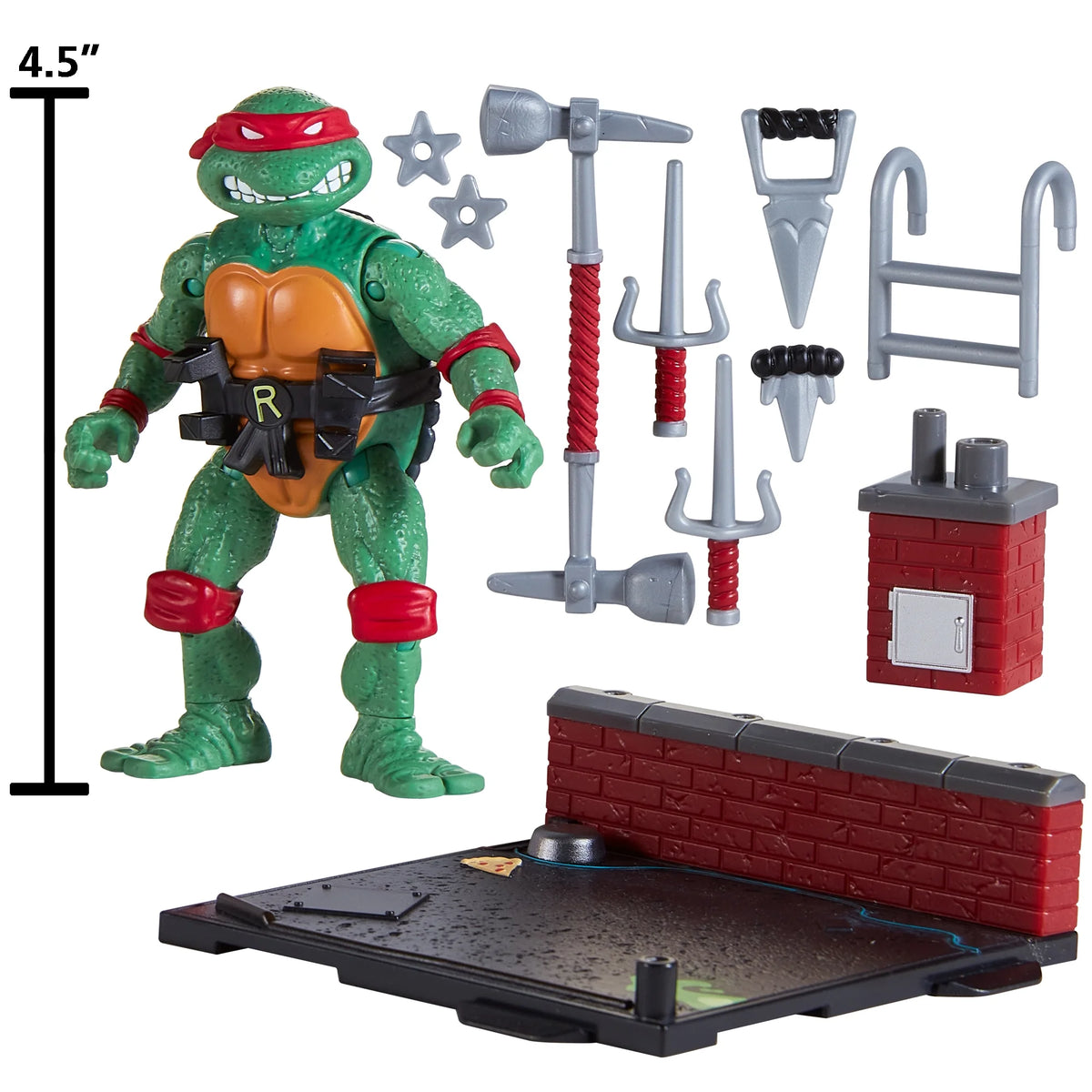 4.5 inch red-masked turtle figure with sai, pickaxe, chimney, ladder and brick wall base