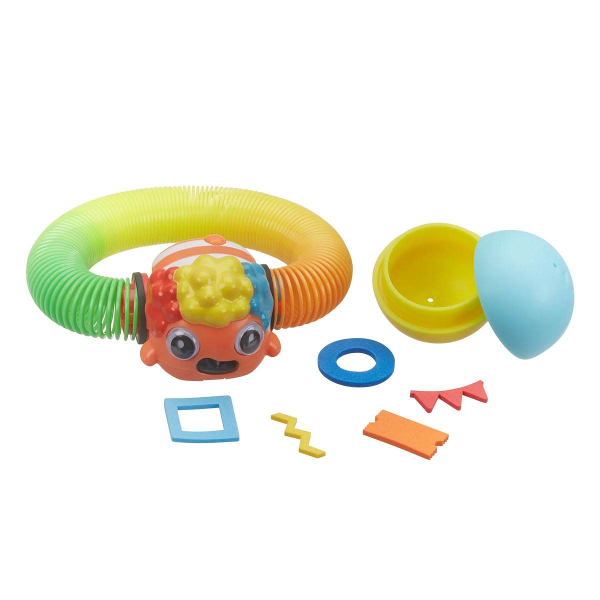 Clownfish spring toy with an opened blue and yellow ball and foam ring, square and bunting shapes