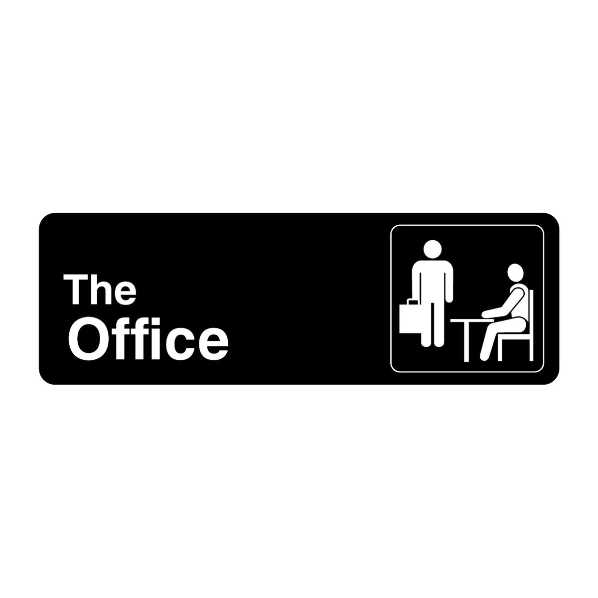 Black The Office sign graphic with stick figures at a desk