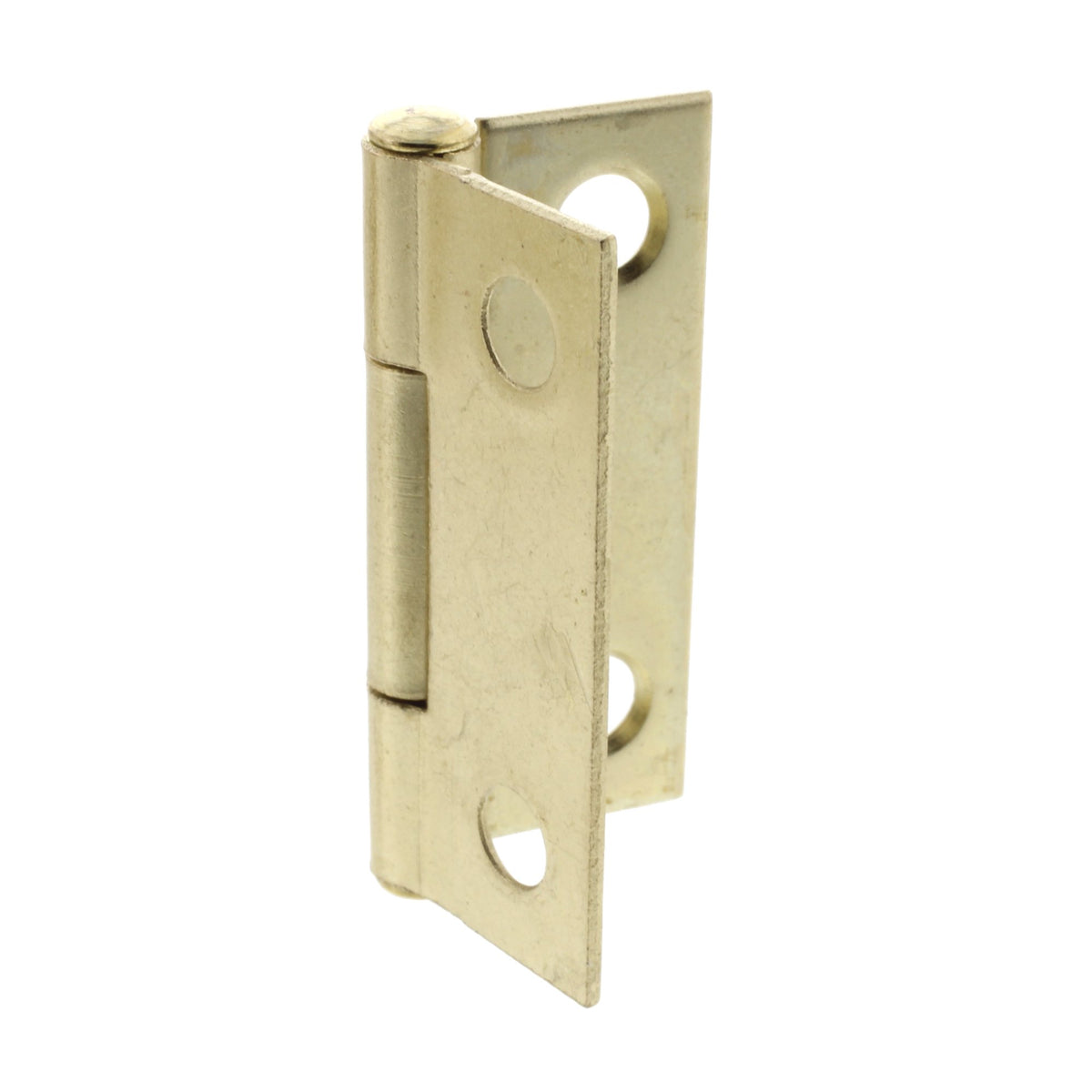 Brass hinge half open, angled to show both leaves and the pin barrel