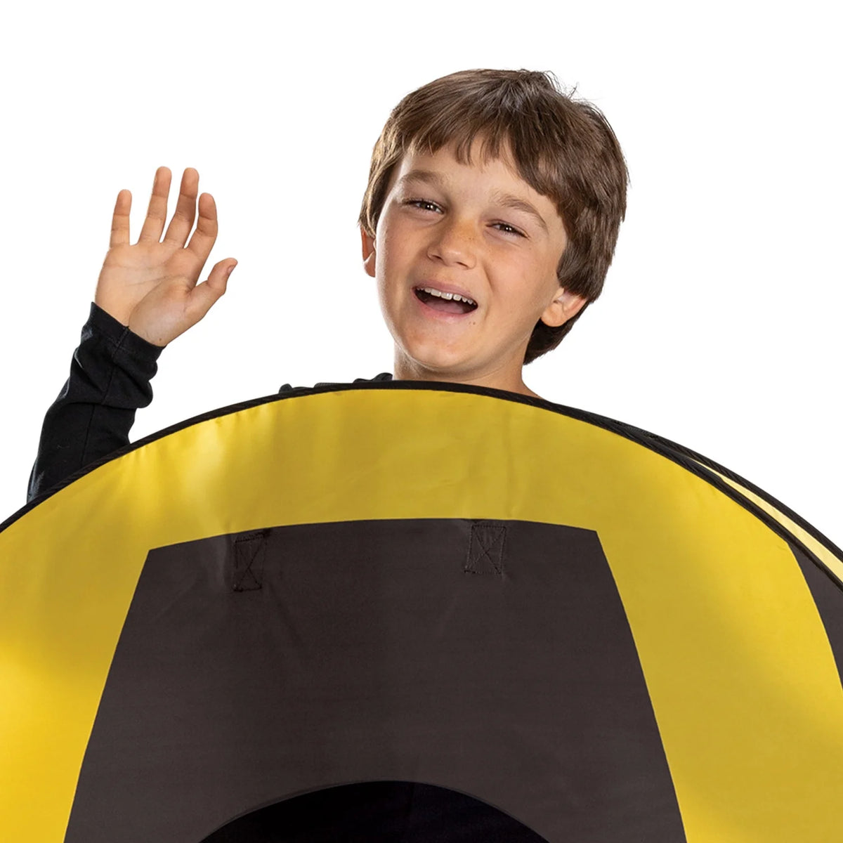 Smiling boy waving above the yellow-banded top of the round costume