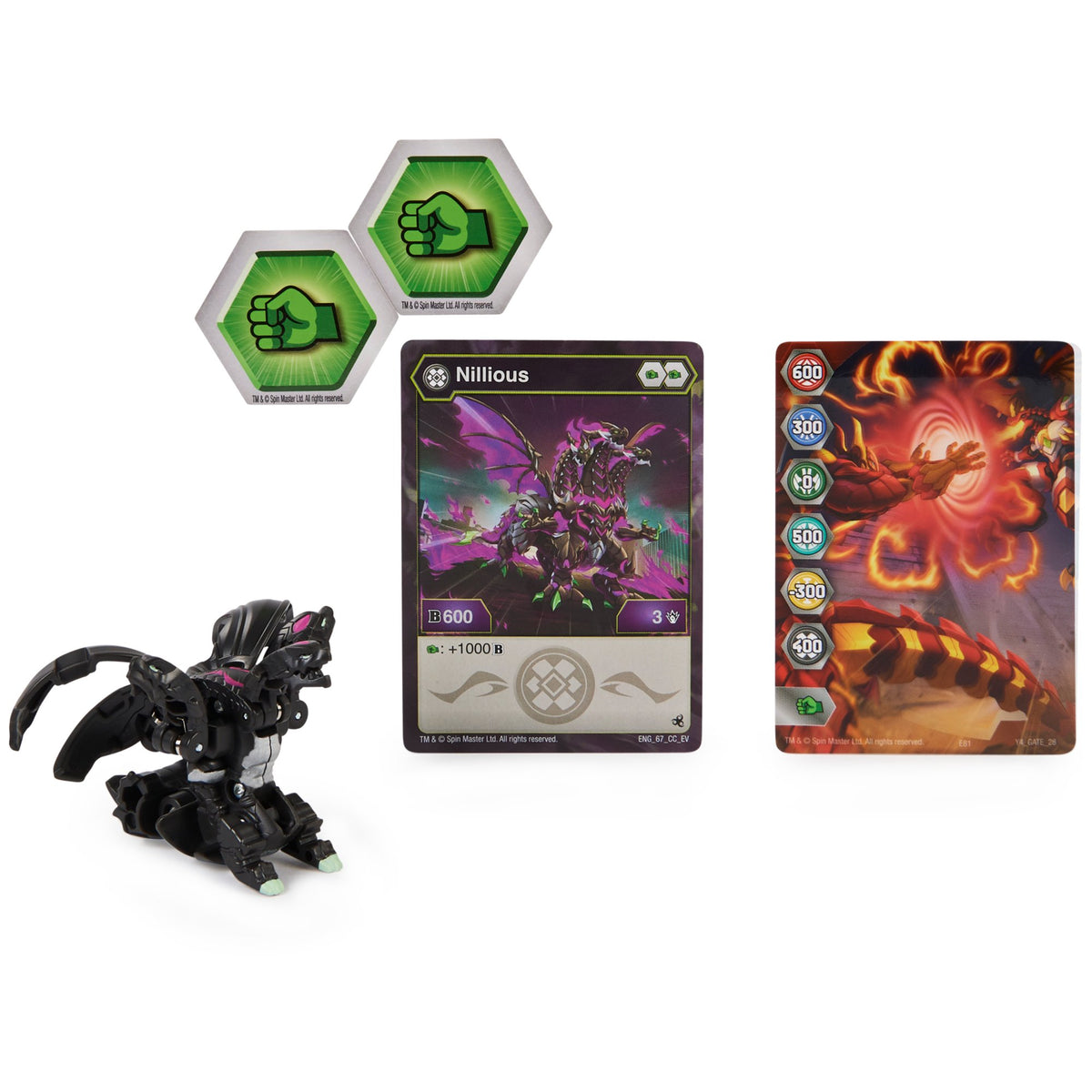 Black Nillious figure with two green fist tokens, character card and Gate card