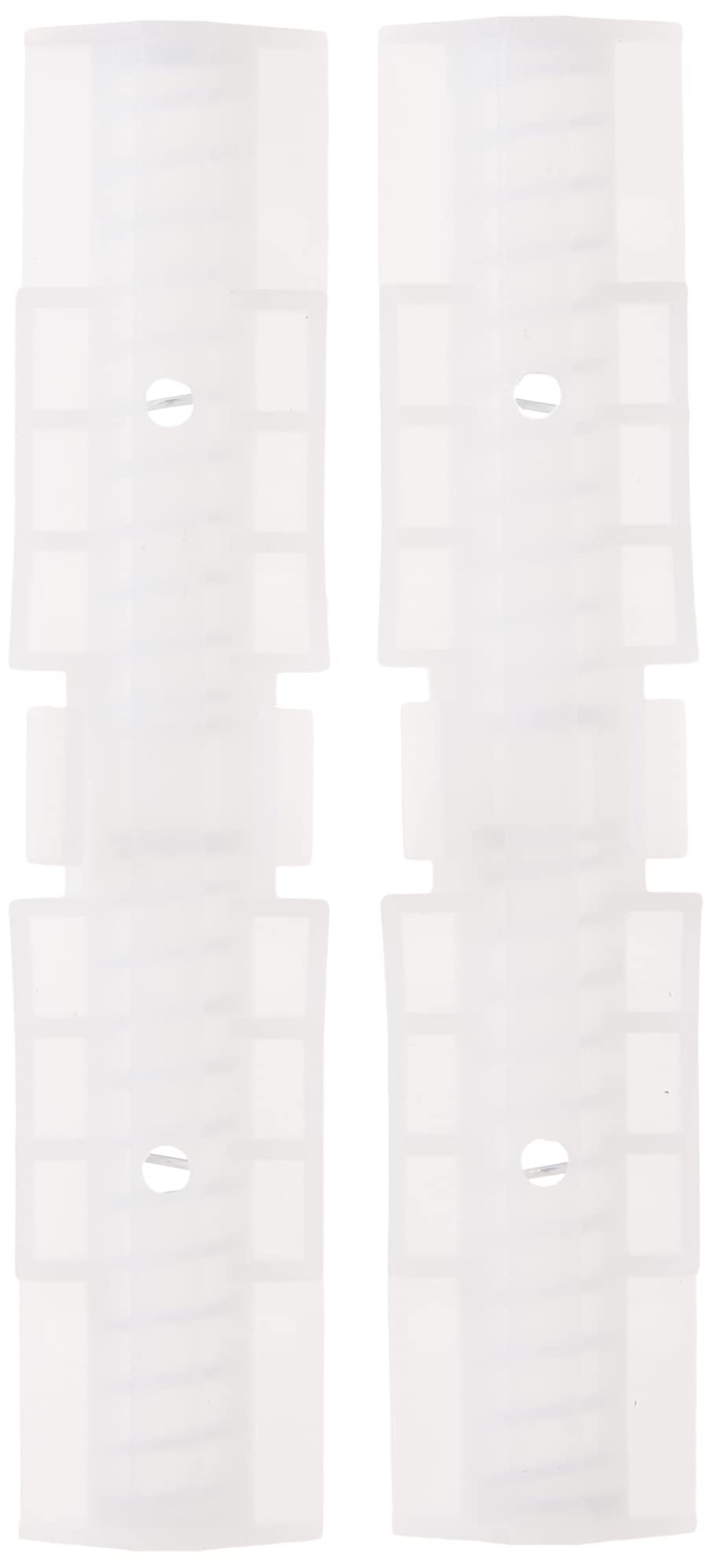 Two white nylon track guides from above showing the screw holes