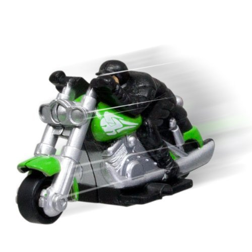 Small pullback chopper motorcycle with green fenders and a black-clad rider