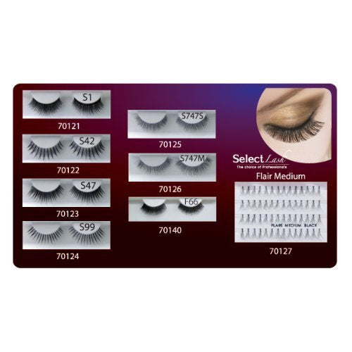 Chart of seven strip false eyelash styles and a tray of flair medium individual lashes