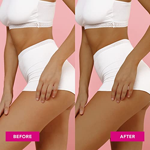 Before and after close-up of a leg and hip in white shorts showing a bronzed tan
