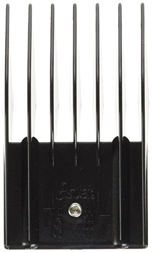 Black plastic clipper comb guard with seven long teeth and a metal clip