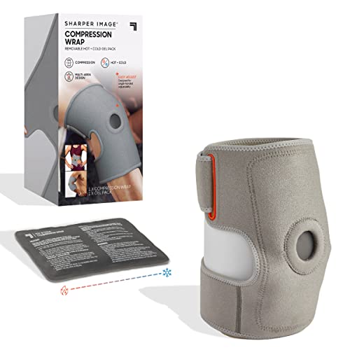 Grey compression wrap on a knee beside its box and a grey hot and cold gel pack