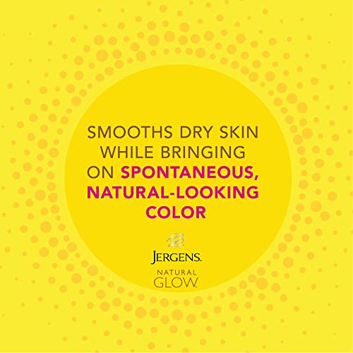 Yellow sunburst graphic: smooths dry skin while bringing on natural-looking colour