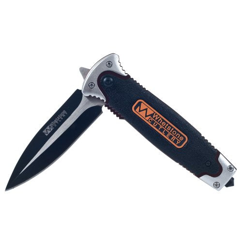 Folding knife partly open showing the black double-edged blade and steel bolsters