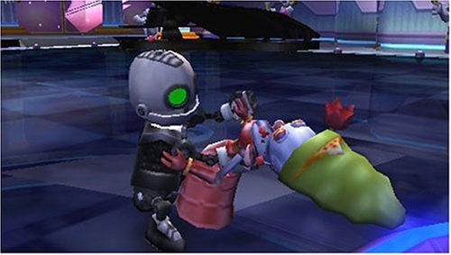 In-game scene of Clank in a tuxedo dancing with a robot partner on a ballroom floor