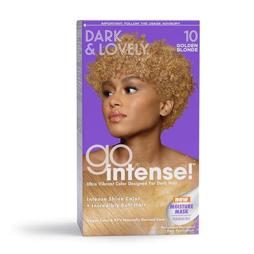 Purple hair colour box, shade 10 Golden Blonde, with a model with short golden blonde curls