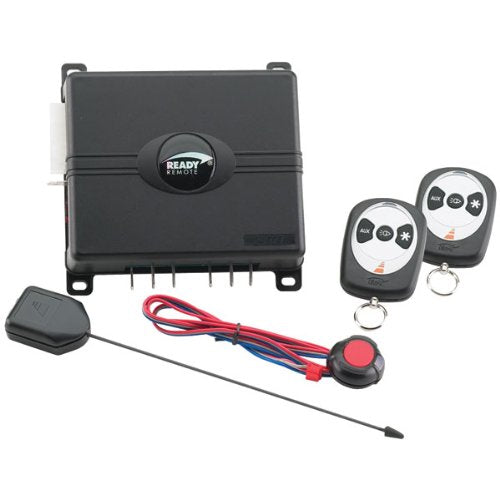 Black remote start control module with two key fob remotes, antenna and wiring
