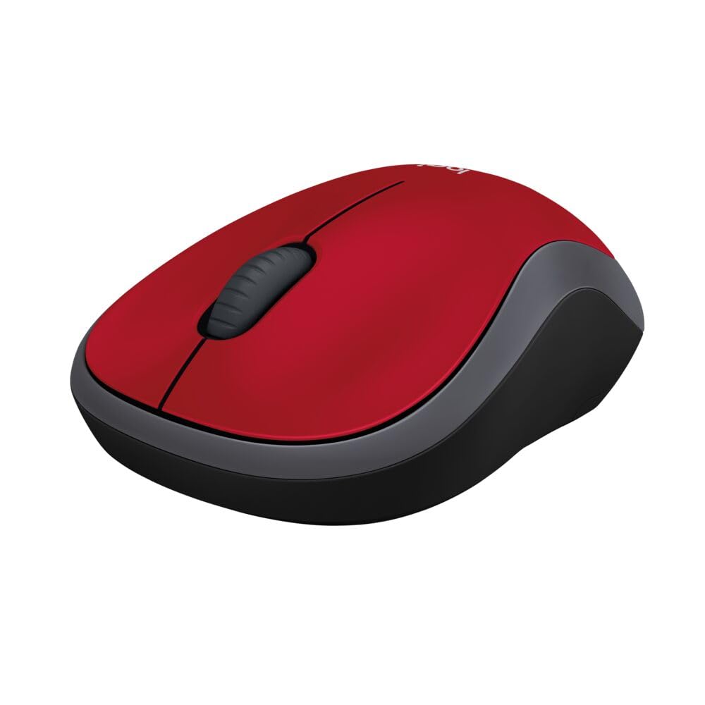 Red wireless mouse from the front left, showing the scroll wheel and grey side grip