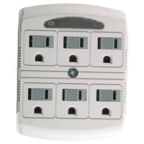 White wall tap with six grounded outlets with safety covers and a nightlight strip on top