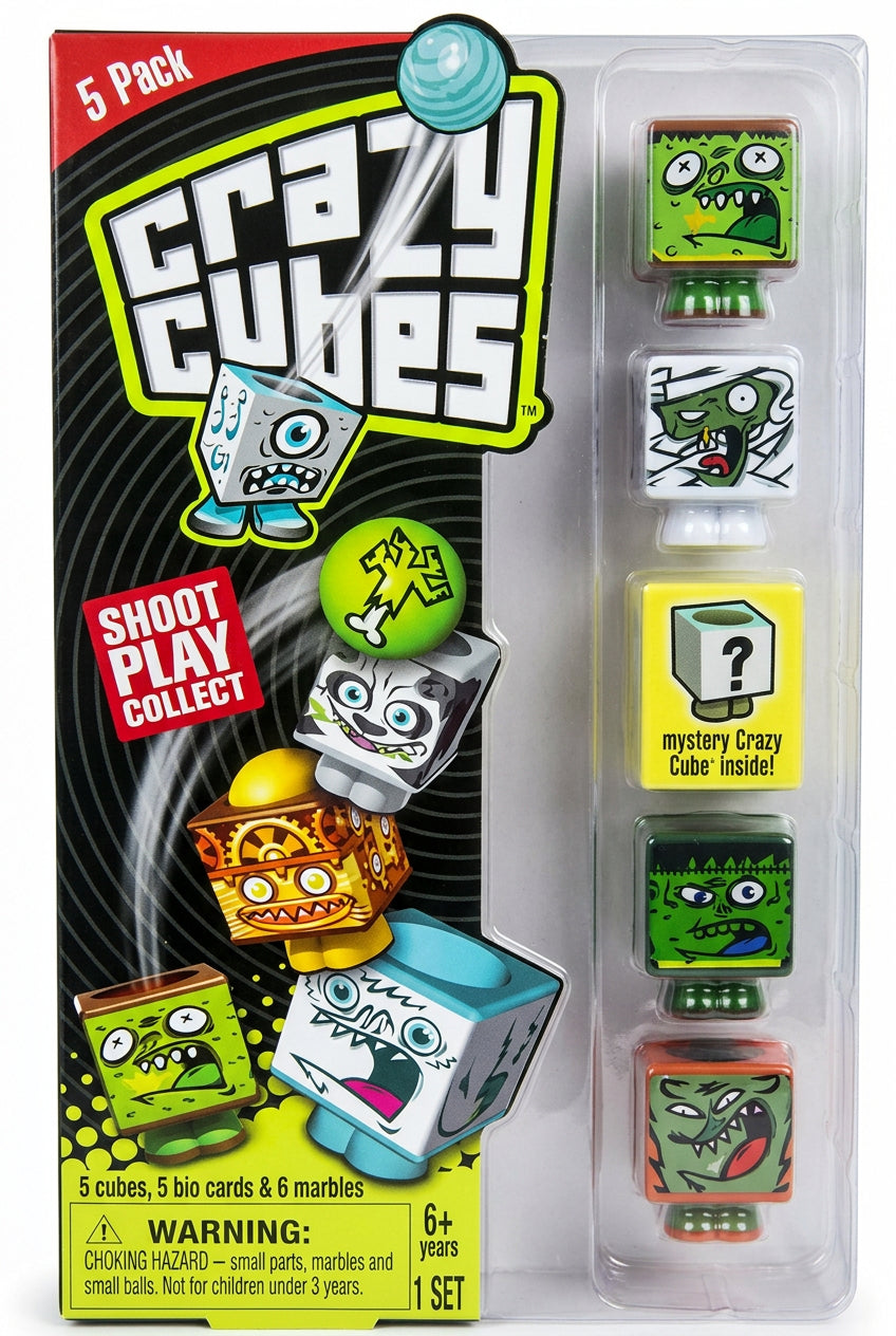 Crazy Cubes 5 pack in monster theme: green zombie, mummy, mystery and orange monster cubes in a blister pack