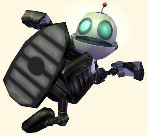Character render of Clank crouching behind a large black bulletproof shield