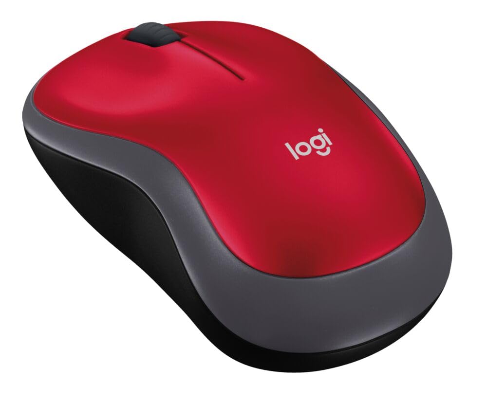 Red and grey compact wireless mouse with a black scroll wheel, angled view
