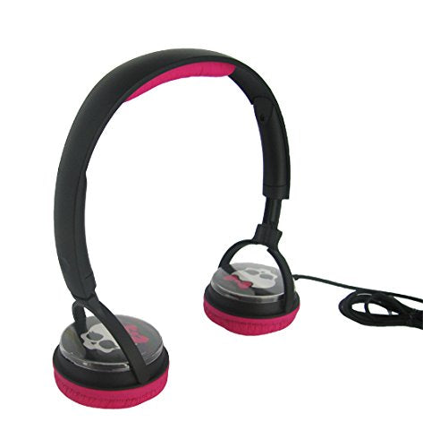 Monster High wired on-ear headphones in black with pink padding and skull prints