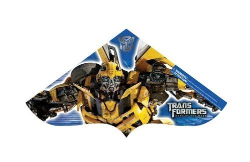 Blue and white delta kite showing the yellow robot Bumblebee with an Autobot emblem