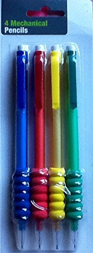 Four mechanical pencils in blue, red, yellow and green with spiral rubber grips