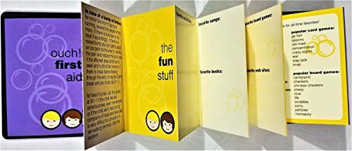 Unfolded first aid and fun stuff pages with lists of card and board games
