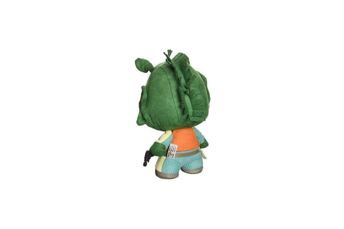 Back view of the green alien plush showing the ridged head and tag