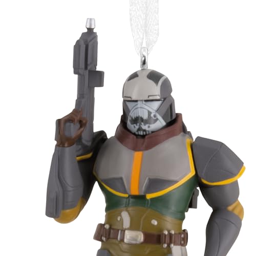 Close-up of the skull-painted helmet and raised blaster on the soldier ornament