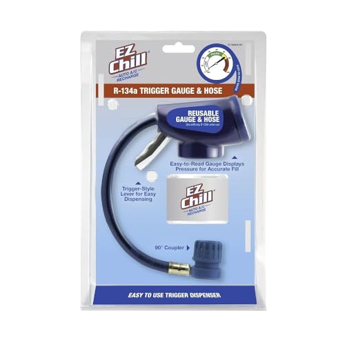 Small view of the blue R-134a trigger gauge and hose in its blister pack