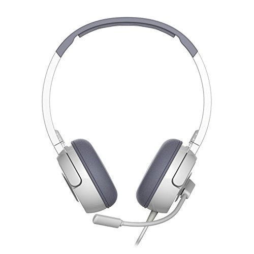 Front view of a white and grey on-ear headset with a boom microphone