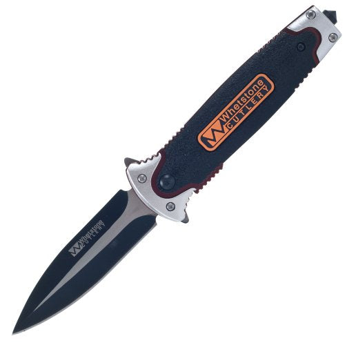 Black folding knife with a dagger blade, black grip handle and copper-coloured badge