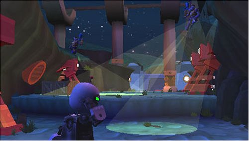 In-game scene of Clank sneaking past red robot guards under searchlights at night