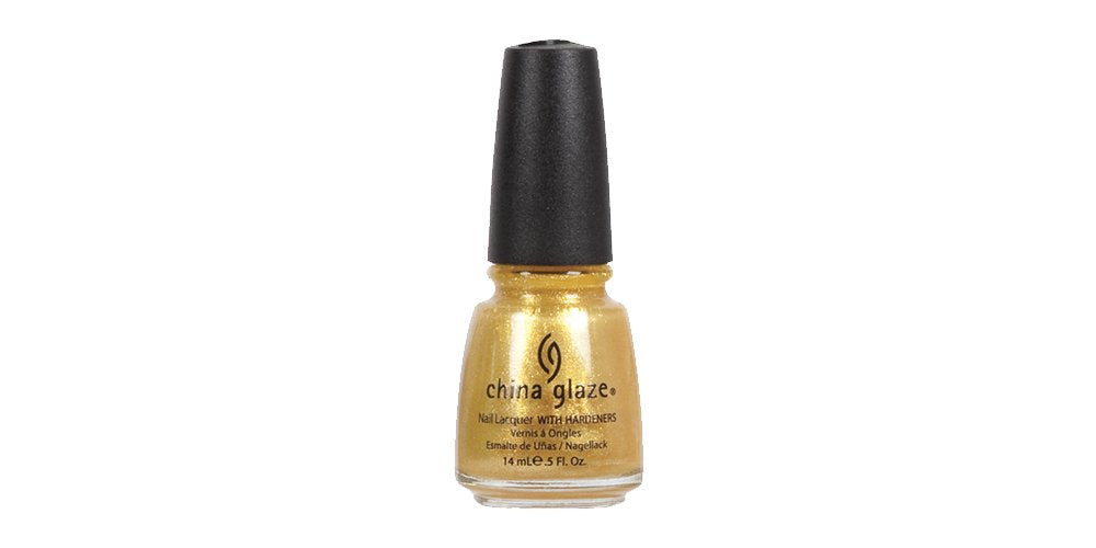 Bottle of gold glitter shimmer nail lacquer with a black cap
