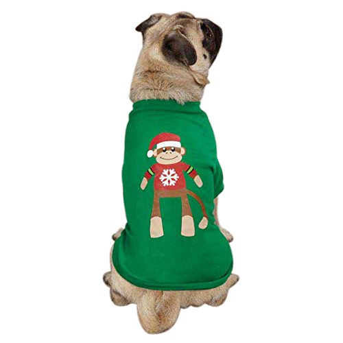 Pug in a green holiday tee with a sock monkey in a Santa hat and snowflake sweater